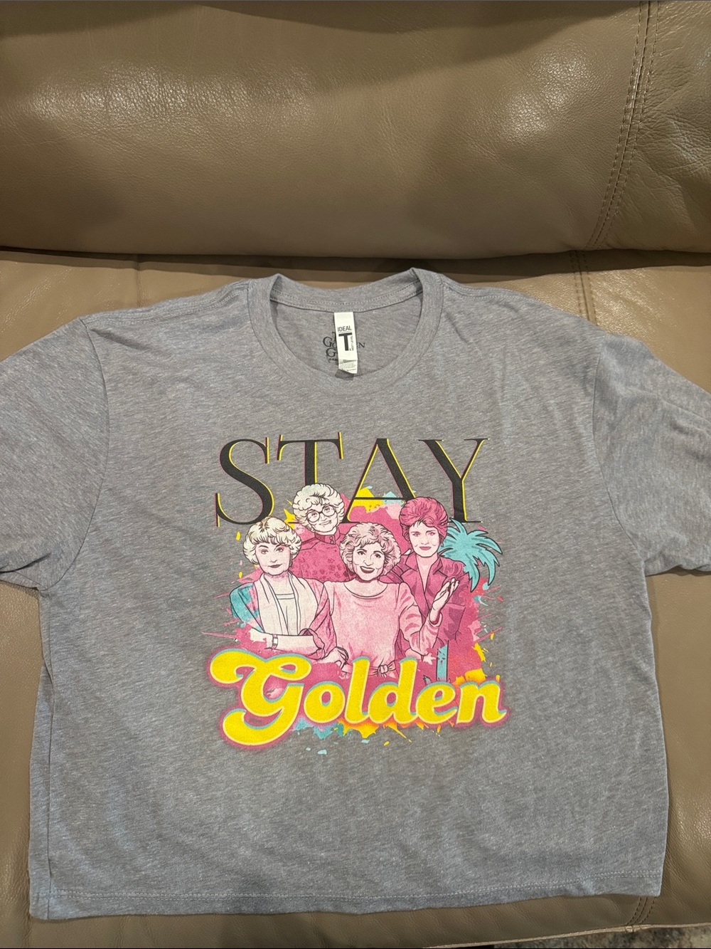 Golden Girls cropped Golden Graphic Tee - Gray with Pink & Yellow Design